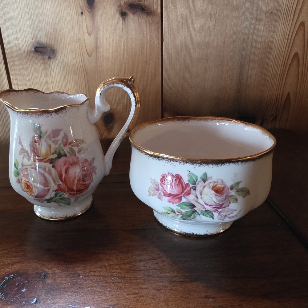 Royal Albert Gilded Pink & Yellow Cabbage Roses. Vintage 1950's- 60's